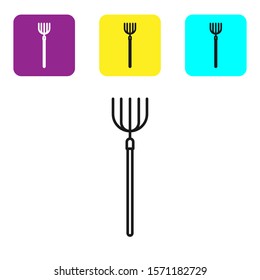 Black line Garden pitchfork icon isolated on white background. Garden fork sign. Tool for horticulture, agriculture, farming. Set icons colorful square buttons. Vector Illustration