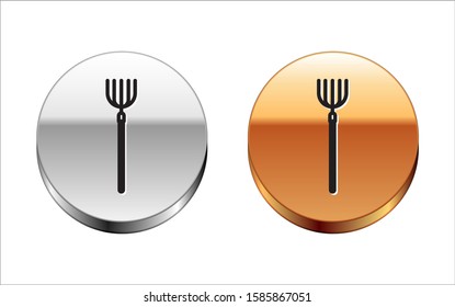 Black line Garden pitchfork icon isolated on white background. Garden fork sign. Tool for horticulture, agriculture, farming. Silver-gold circle button. Vector Illustration