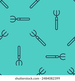 Black line Garden pitchfork icon isolated seamless pattern on green background. Garden fork sign. Tool for horticulture, agriculture, farming.  Vector