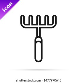 Black line Garden rake icon isolated on white background. Tool for horticulture, agriculture, farming. Ground cultivator. Housekeeping equipment.  Vector Illustration