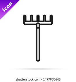 Black line Garden rake icon isolated on white background. Tool for horticulture, agriculture, farming. Ground cultivator. Housekeeping equipment.  Vector Illustration