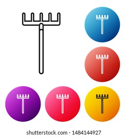 Black line Garden rake icon isolated on white background. Tool for horticulture, agriculture, farming. Ground cultivator. Housekeeping equipment. Set icons colorful circle buttons. Vector Illustration