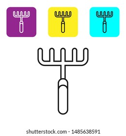 Black line Garden rake icon isolated on white background. Tool for horticulture, agriculture, farming. Ground cultivator. Housekeeping equipment. Set icons colorful square buttons. Vector Illustration