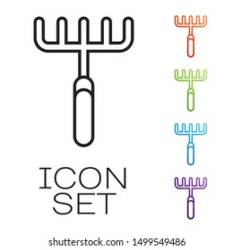 Black line Garden rake icon isolated on white background. Tool for horticulture, agriculture, farming. Ground cultivator. Housekeeping equipment. Set icons colorful. Vector Illustration