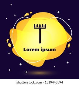 Black line Garden rake icon on dark blue background. Tool for horticulture, agriculture, farming. Ground cultivator. Housekeeping equipment. Abstract banner with liquid shapes. Vector Illustration