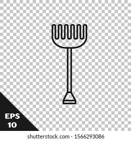 Black line Garden rake icon isolated on transparent background. Tool for horticulture, agriculture, farming. Ground cultivator. Housekeeping equipment.  Vector Illustration