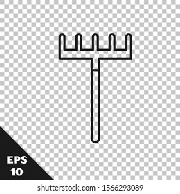 Black line Garden rake icon isolated on transparent background. Tool for horticulture, agriculture, farming. Ground cultivator. Housekeeping equipment.  Vector Illustration