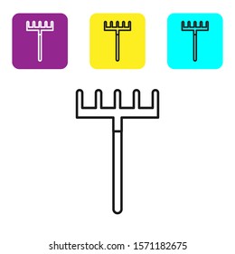 Black line Garden rake icon isolated on white background. Tool for horticulture, agriculture, farming. Ground cultivator. Housekeeping equipment. Set icons colorful square buttons. Vector Illustration