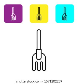 Black line Garden rake icon isolated on white background. Tool for horticulture, agriculture, farming. Ground cultivator. Housekeeping equipment. Set icons colorful square buttons. Vector Illustration