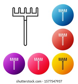 Black line Garden rake icon isolated on white background. Tool for horticulture, agriculture, farming. Ground cultivator. Housekeeping equipment. Set icons colorful circle buttons. Vector Illustration