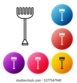Black line Garden rake icon isolated on white background. Tool for horticulture, agriculture, farming. Ground cultivator. Housekeeping equipment. Set icons colorful circle buttons. Vector Illustration