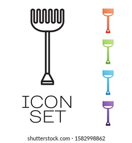 Black line Garden rake icon isolated on white background. Tool for horticulture, agriculture, farming. Ground cultivator. Housekeeping equipment. Set icons colorful. Vector Illustration
