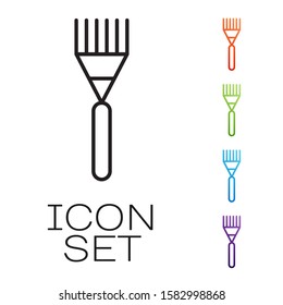 Black line Garden rake icon isolated on white background. Tool for horticulture, agriculture, farming. Ground cultivator. Housekeeping equipment. Set icons colorful. Vector Illustration