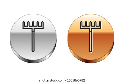 Black line Garden rake icon isolated on white background. Tool for horticulture, agriculture, farming. Ground cultivator. Housekeeping equipment. Silver-gold circle button. Vector Illustration