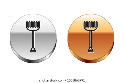 Black line Garden rake icon isolated on white background. Tool for horticulture, agriculture, farming. Ground cultivator. Housekeeping equipment. Silver-gold circle button. Vector Illustration