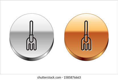 Black line Garden rake icon isolated on white background. Tool for horticulture, agriculture, farming. Ground cultivator. Housekeeping equipment. Silver-gold circle button. Vector Illustration