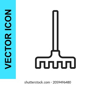 Black line Garden rake icon isolated on white background. Tool for horticulture, agriculture, farming. Ground cultivator. Housekeeping equipment.  Vector