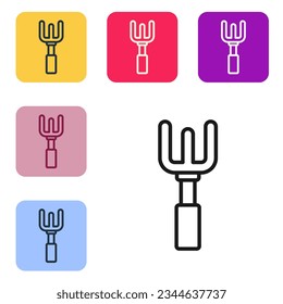Icono de rastrillo de la línea negra del jardín aislado en fondo blanco. Herramienta para horticultura, agricultura, agricultura. Cultivo terrestre. Equipamiento de limpieza. Establezca iconos en los botones cuadrados de color. Vector