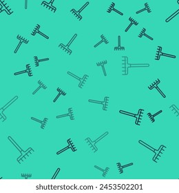 Black line Garden rake icon isolated seamless pattern on green background. Tool for horticulture, agriculture, farming. Ground cultivator. Housekeeping equipment.  Vector