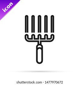 Black line Garden rake in work icon isolated on white background. Tool for horticulture, agriculture, farming. Ground cultivator.  Vector Illustration