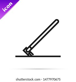 Black line Garden rake in work icon isolated on white background. Tool for horticulture, agriculture, farming. Ground cultivator.  Vector Illustration