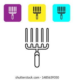 Black line Garden rake in work icon isolated on white background. Tool for horticulture, agriculture, farming. Ground cultivator. Set icons colorful square buttons. Vector Illustration