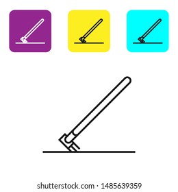 Black line Garden rake in work icon isolated on white background. Tool for horticulture, agriculture, farming. Ground cultivator. Set icons colorful square buttons. Vector Illustration