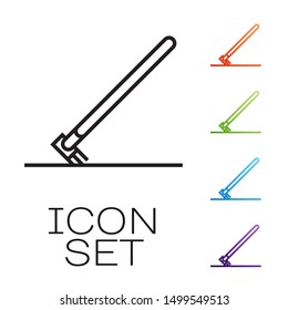 Black line Garden rake in work icon isolated on white background. Tool for horticulture, agriculture, farming. Ground cultivator. Set icons colorful. Vector Illustration