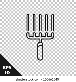 Black line Garden rake in work icon isolated on transparent background. Tool for horticulture, agriculture, farming. Ground cultivator.  Vector Illustration