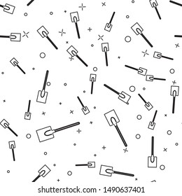 Black line Garden shovel icon isolated seamless pattern on white background. Gardening tool. Tool for horticulture, agriculture, farming.  Vector Illustration