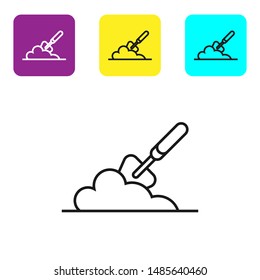 Black line Garden trowel spade or shovel in the ground icon on white background. Gardening tool. Tool for horticulture, agriculture, farming. Set icons colorful square buttons. Vector Illustration