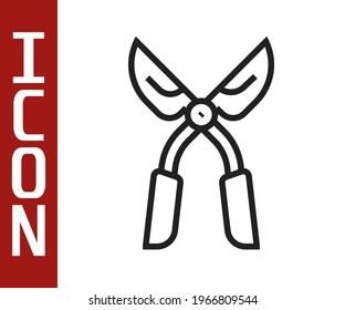Black line Gardening handmade scissors for trimming icon isolated on white background. Pruning shears with wooden handles.  Vector