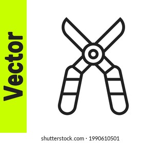 Black line Gardening handmade scissors for trimming icon isolated on white background. Pruning shears with wooden handles.  Vector