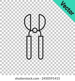 Black line Gardening handmade scissors for trimming icon isolated on transparent background. Pruning shears with wooden handles.  Vector