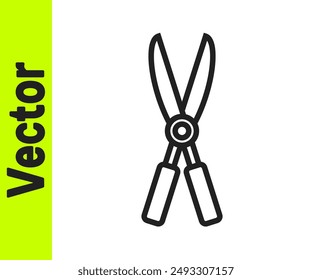 Black line Gardening handmade scissors for trimming icon isolated on white background. Pruning shears with wooden handles.  Vector Illustration