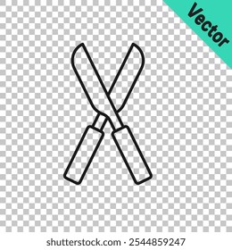Schwarze Linie Gardening handgemachte Schere zum Trimmen Symbol einzeln auf transparentem Hintergrund. Beschneideschere mit Holzgriffen.  Vektorgrafik