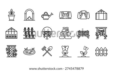 Black line of gardening tools and structures including pots plants watering cans trellises greenhouses