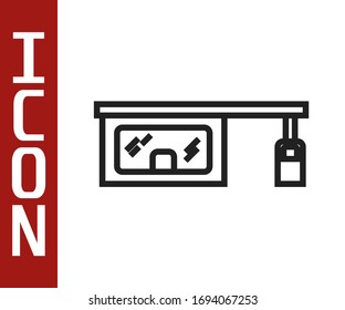 Black line Gas filling station icon isolated on white background. Transport related service building Gasoline and oil station.  Vector Illustration