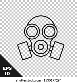 Black line Gas mask icon isolated on transparent background. Respirator sign.  Vector Illustration