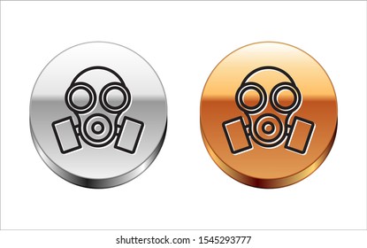 Black line Gas mask icon isolated on white background. Respirator sign. Silver-gold circle button. Vector Illustration