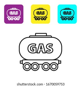 Black line Gas railway cistern icon isolated on white background. Train gasoline tank on railway car. Rail freight. Set icons colorful square buttons. Vector Illustration