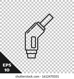 Black line Gasoline pump nozzle icon isolated on transparent background. Fuel pump petrol station. Refuel service sign. Gas station icon.  Vector Illustration