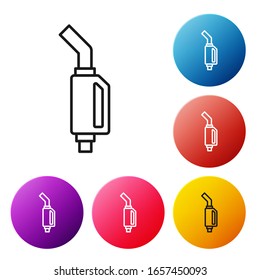 Black line Gasoline pump nozzle icon isolated on white background. Fuel pump petrol station. Refuel service sign. Gas station icon. Set icons colorful circle buttons. Vector Illustration