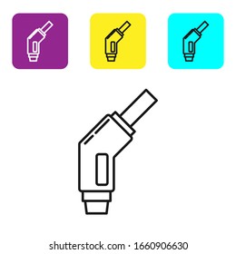 Black line Gasoline pump nozzle icon isolated on white background. Fuel pump petrol station. Refuel service sign. Gas station icon. Set icons colorful square buttons. Vector Illustration