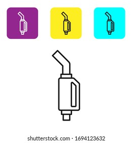 Black line Gasoline pump nozzle icon isolated on white background. Fuel pump petrol station. Refuel service sign. Gas station icon. Set icons colorful square buttons. Vector Illustration