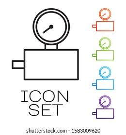 Black line Gauge scale icon isolated on white background. Satisfaction, temperature, manometer, risk, rating, performance, speed tachometer. Set icons colorful. Vector Illustration