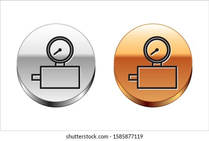 Black line Gauge scale icon isolated on white background. Satisfaction, temperature, manometer, risk, rating, performance, speed tachometer. Silver-gold circle button. Vector Illustration