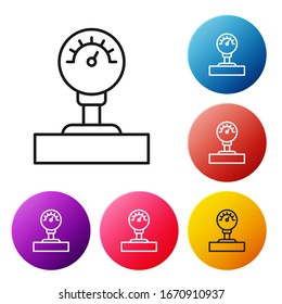 Icono de escala de los indicadores de línea negra aislado en fondo blanco. Satisfacción, temperatura, manómetro, riesgo, calificación, rendimiento, tacómetro de velocidad. Establezca los iconos de los botones de círculo coloridos. Ilustración vectorial