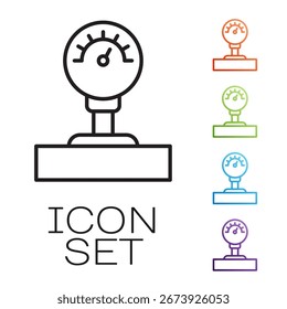 Icono de escala de calibre de línea negra aislado sobre fondo blanco. Satisfacción, temperatura, manómetro, riesgo, calificación, rendimiento, tacómetro de velocidad. Establecer iconos coloridos. Ilustración vectorial