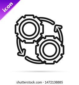 Black line Gear and arrows as workflow process concept icon isolated on white background. Gear reload sign.  Vector Illustration
